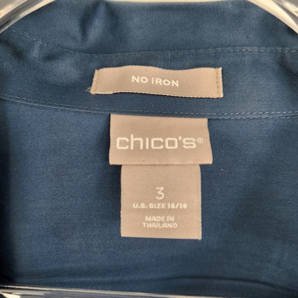 Chicos 3 Long Sleeve Button Front Shirt Womens Size XL Tunic Blue Sateen - Picture 4 of 8